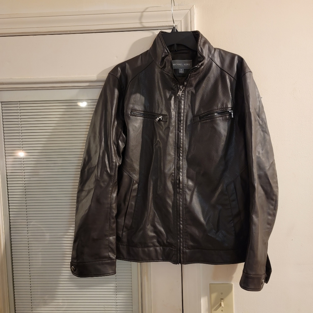 Michael Kors Perforated Faux Leather Moto Jacket Mens M Espresso Brown $225